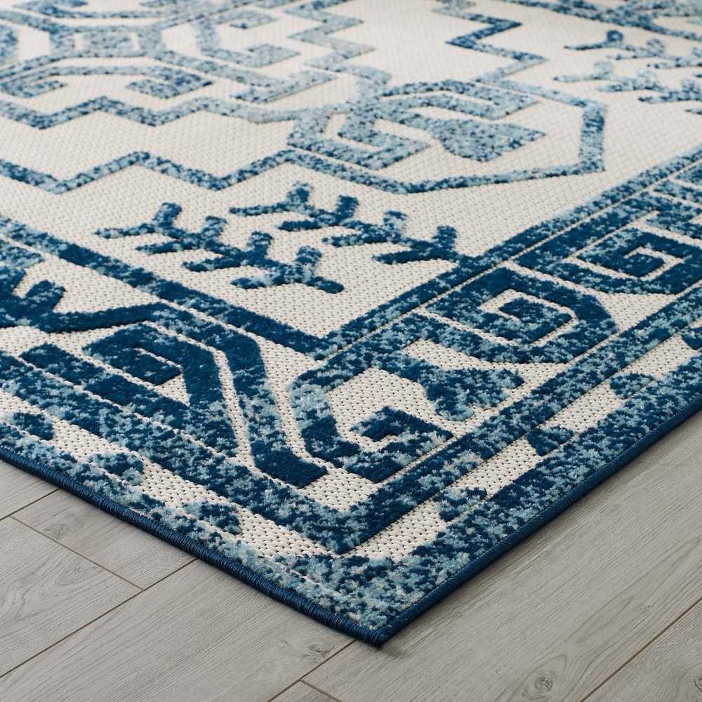 Reflect Nyssa Distressed Geometric Southwestern Aztec 8x10 Indoor/Outdoor Area Rug, Ivory and Blue