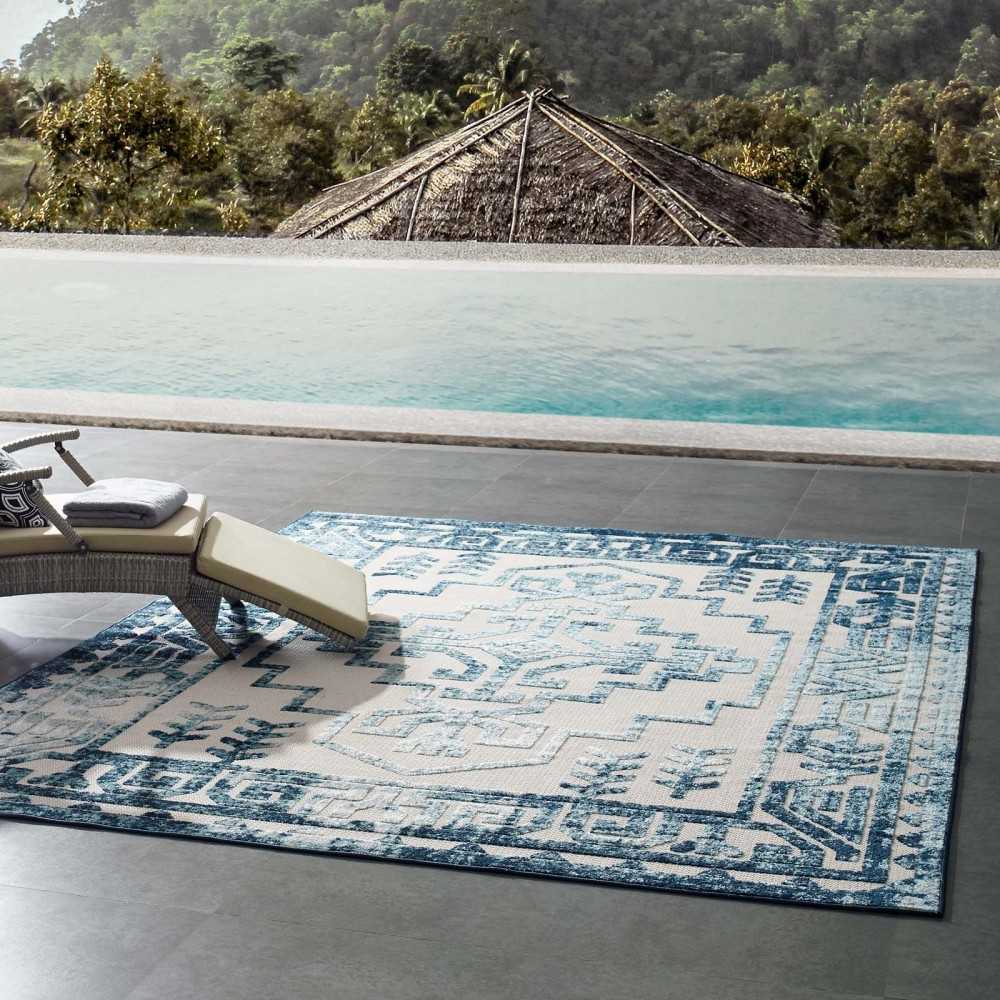Reflect Nyssa Distressed Geometric Southwestern Aztec 8x10 Indoor/Outdoor Area Rug, Ivory and Blue