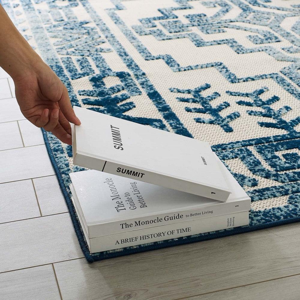 Reflect Nyssa Distressed Geometric Southwestern Aztec 8x10 Indoor/Outdoor Area Rug, Ivory and Blue