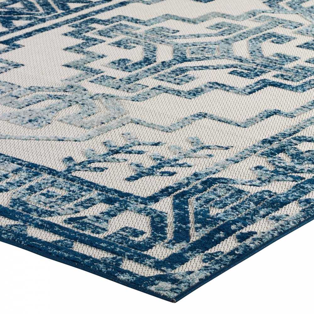 Reflect Nyssa Distressed Geometric Southwestern Aztec 8x10 Indoor/Outdoor Area Rug, Ivory and Blue