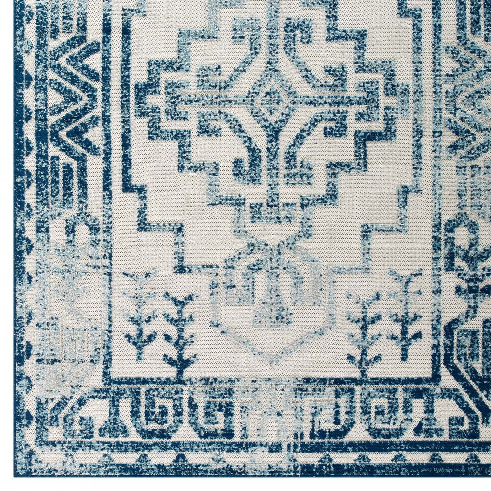 Reflect Nyssa Distressed Geometric Southwestern Aztec 8x10 Indoor/Outdoor Area Rug, Ivory and Blue