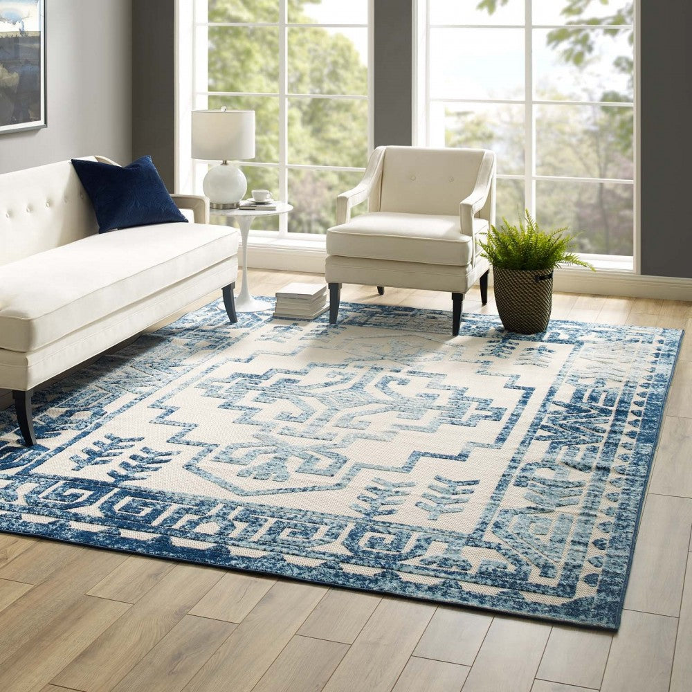 Reflect Nyssa Distressed Geometric Southwestern Aztec 8x10 Indoor/Outdoor Area Rug, Ivory and Blue