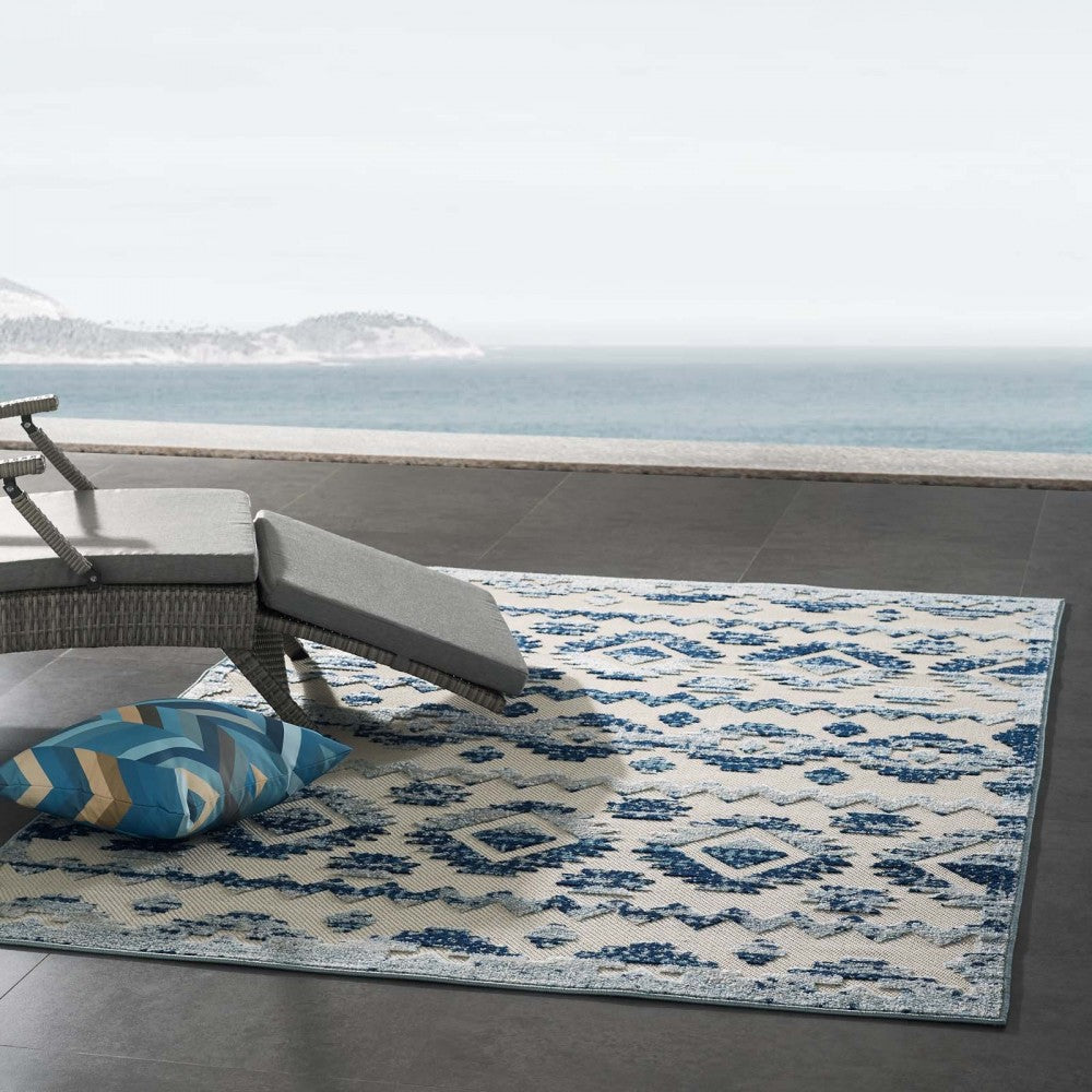 Reflect Takara Abstract Diamond Moroccan Trellis 5x8 Indoor and Outdoor Area Rug, Ivory and Blue