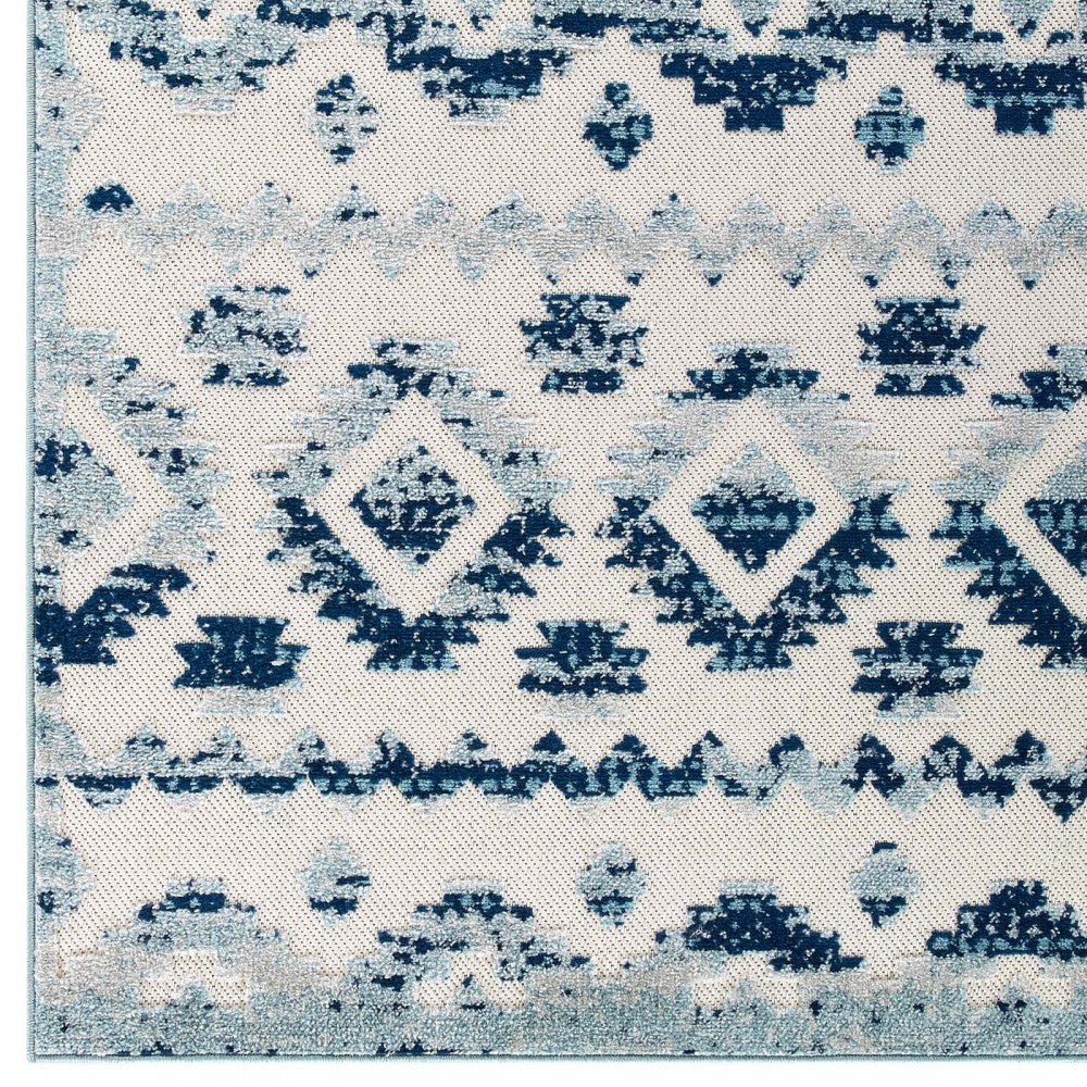 Reflect Takara Abstract Diamond Moroccan Trellis 5x8 Indoor and Outdoor Area Rug, Ivory and Blue