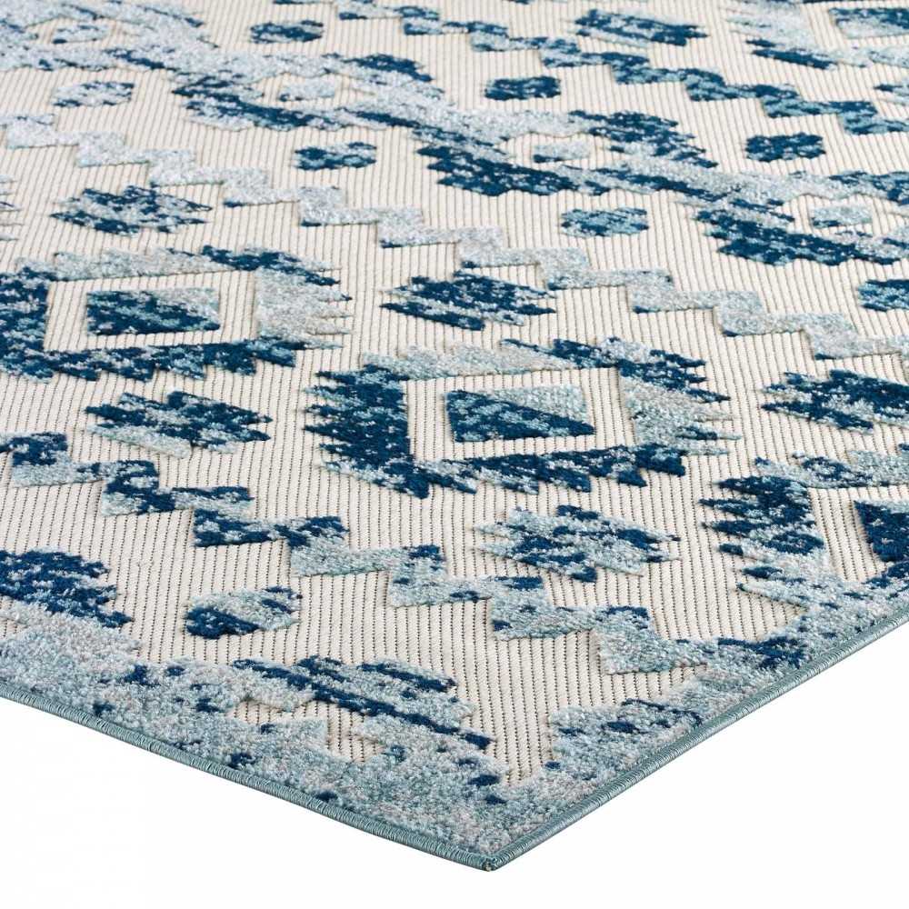 Reflect Takara Abstract Diamond Moroccan Trellis 5x8 Indoor and Outdoor Area Rug, Ivory and Blue