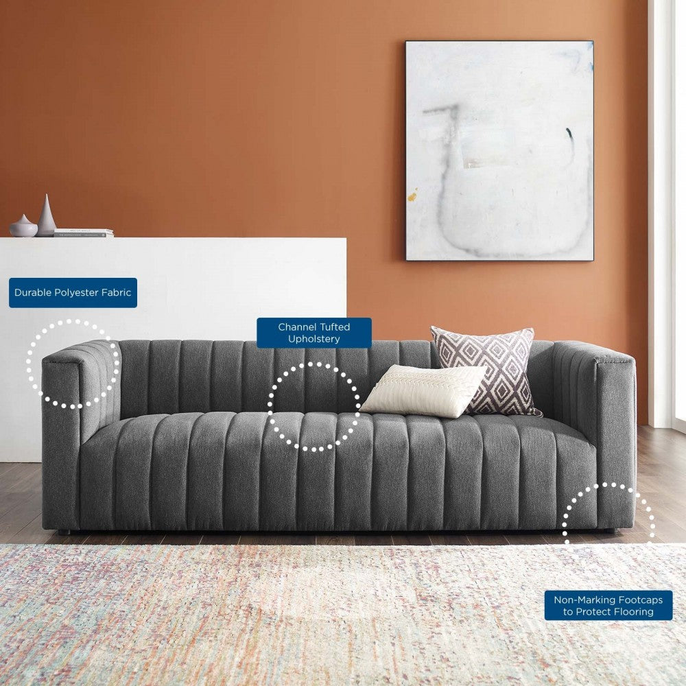 Reflection Channel Tufted Upholstered Fabric Sofa, Charcoal