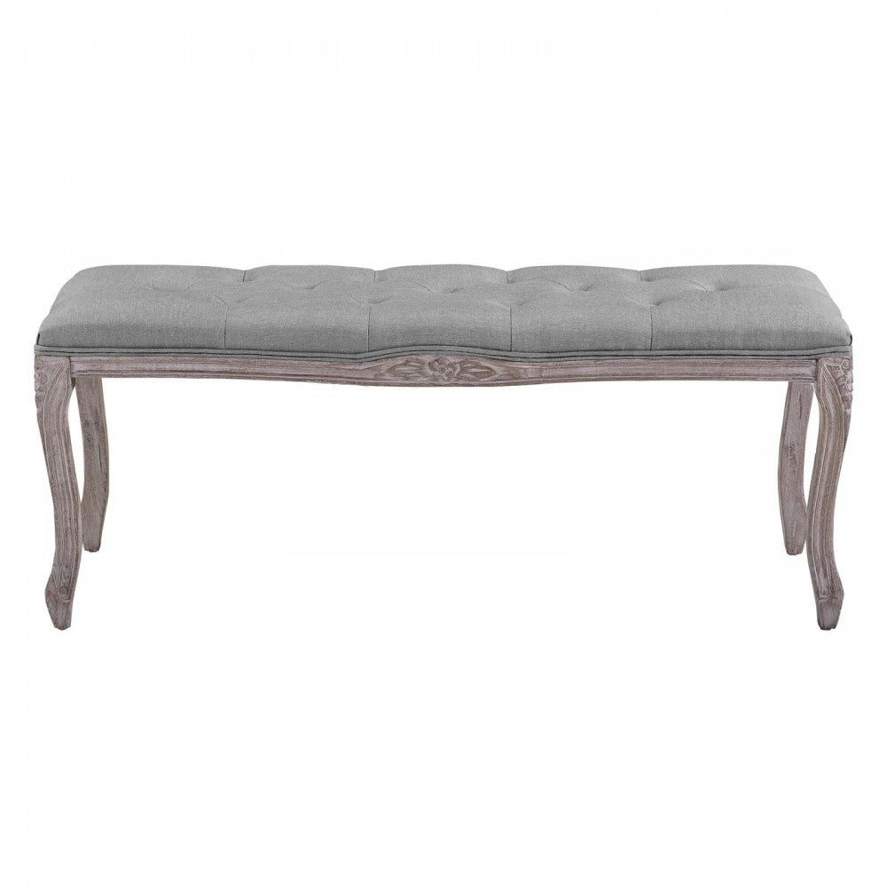 Regal Vintage French Upholstered Fabric Bench, Light Gray