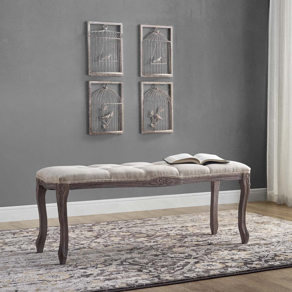 Regal Vintage French Upholstered Fabric Bench, Beige