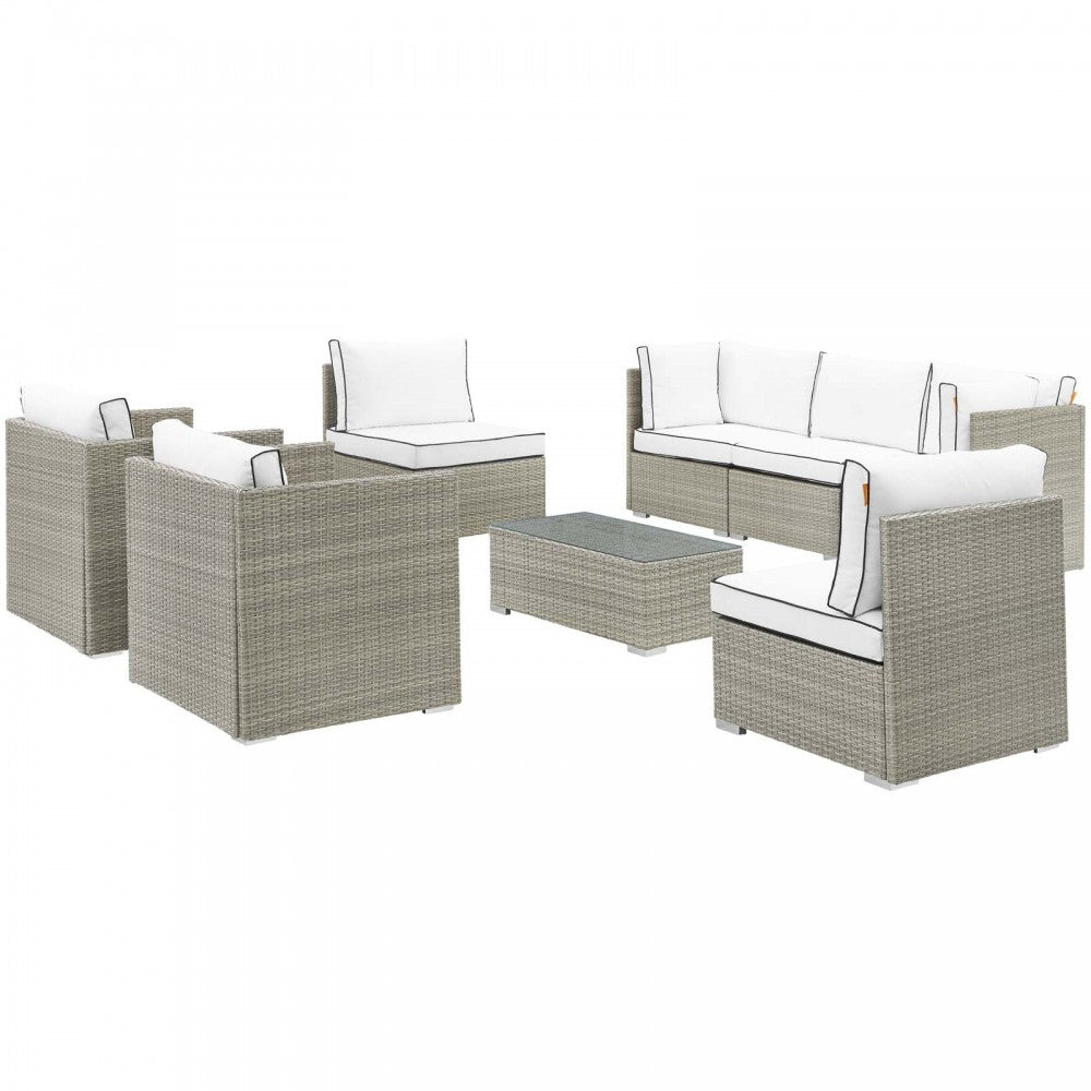 Repose 8 Piece Outdoor Patio Sectional Set, Light Gray White, EEI-3008-LGR-WHI-SET