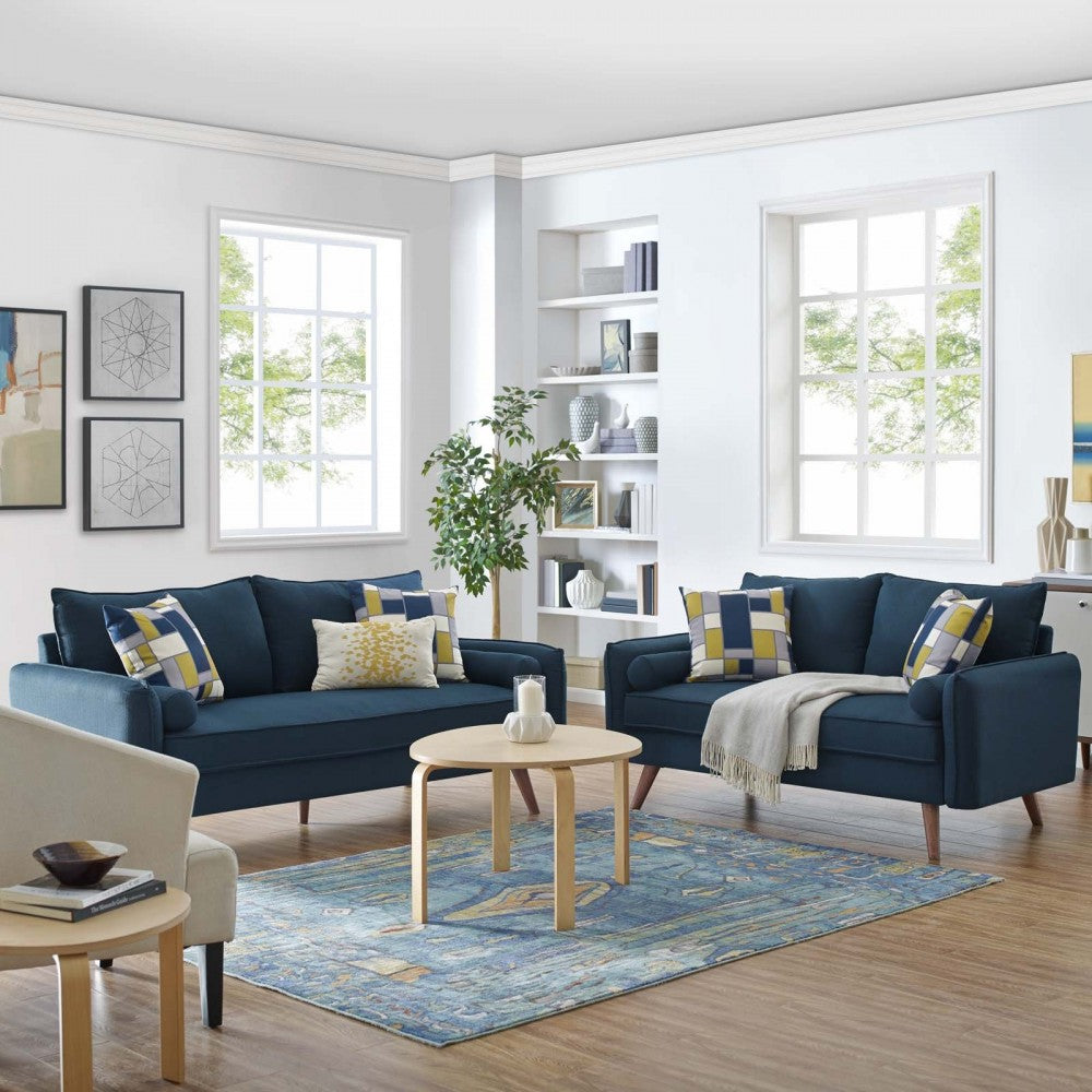 Revive Upholstered Fabric Sofa and Loveseat Set, Azure