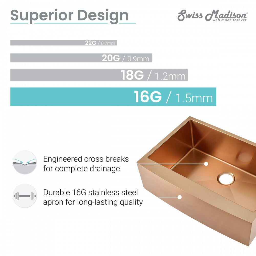 Rivage 30 x 21 Stainless Steel, Farmhouse Kitchen Sink with Apron in Rose Gold