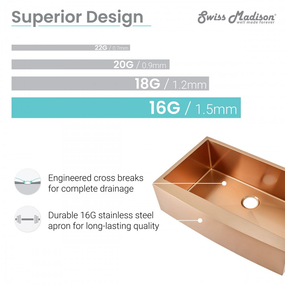 Rivage 33 x 21 Stainless Steel, Farmhouse Kitchen Sink with Apron in Rose Gold