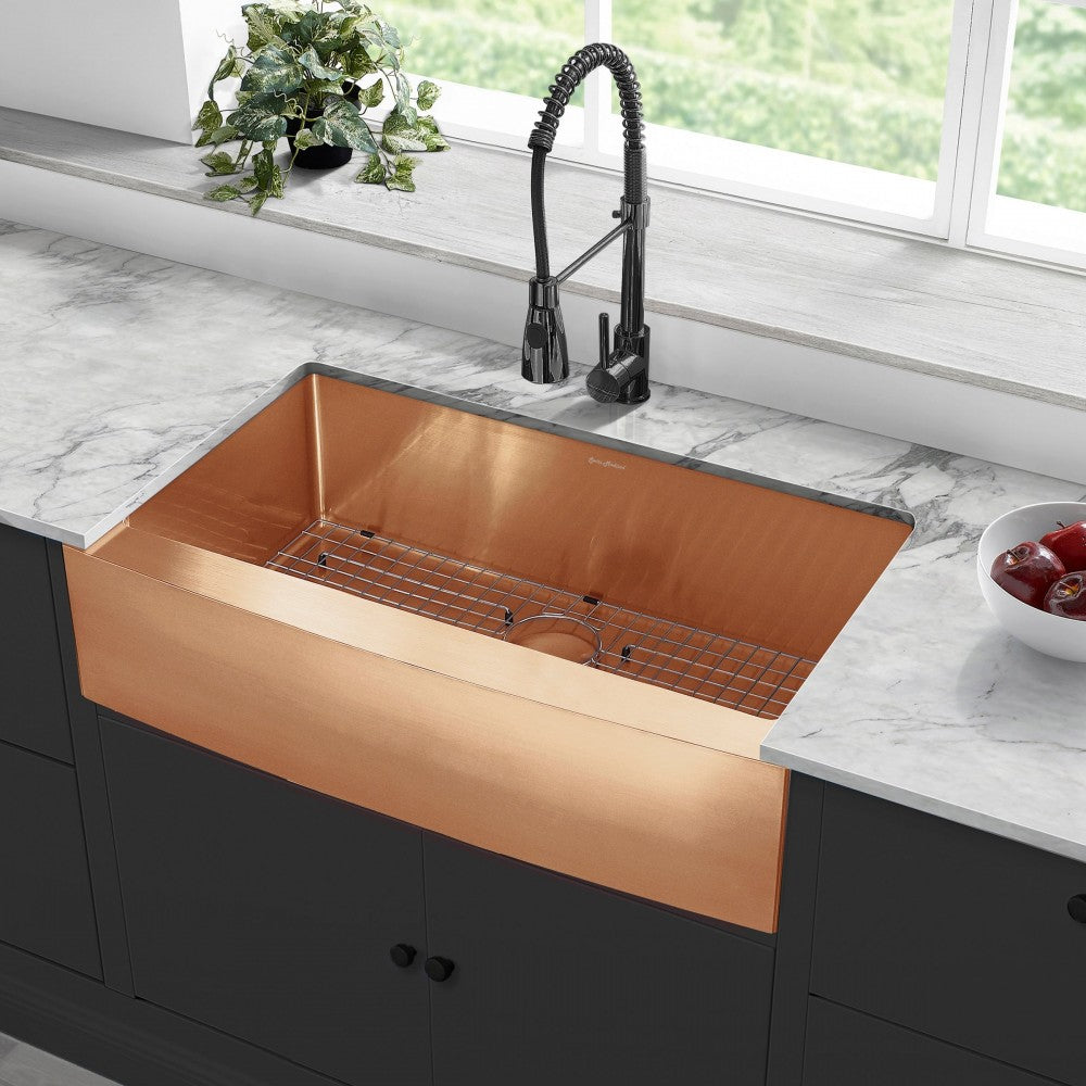 Rivage 36 x 21 Stainless Steel, Farmhouse Kitchen Sink with Apron in Rose Gold
