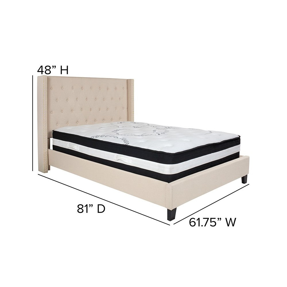 Riverdale Full Size Tufted Upholstered Platform Bed in Beige Fabric with Pocket Spring Mattress