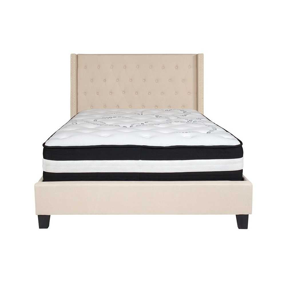 Riverdale Full Size Tufted Upholstered Platform Bed in Beige Fabric with Pocket Spring Mattress