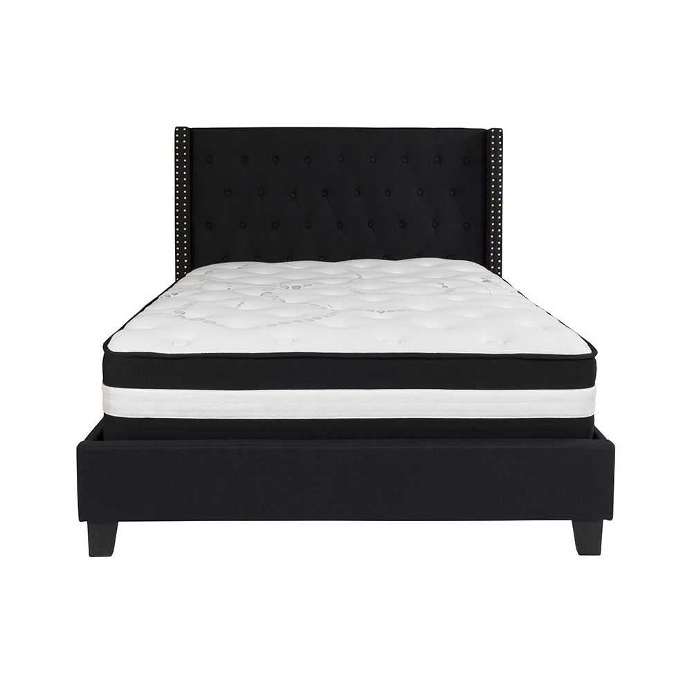 Riverdale Full Size Tufted Upholstered Platform Bed in Black Fabric with Pocket Spring Mattress