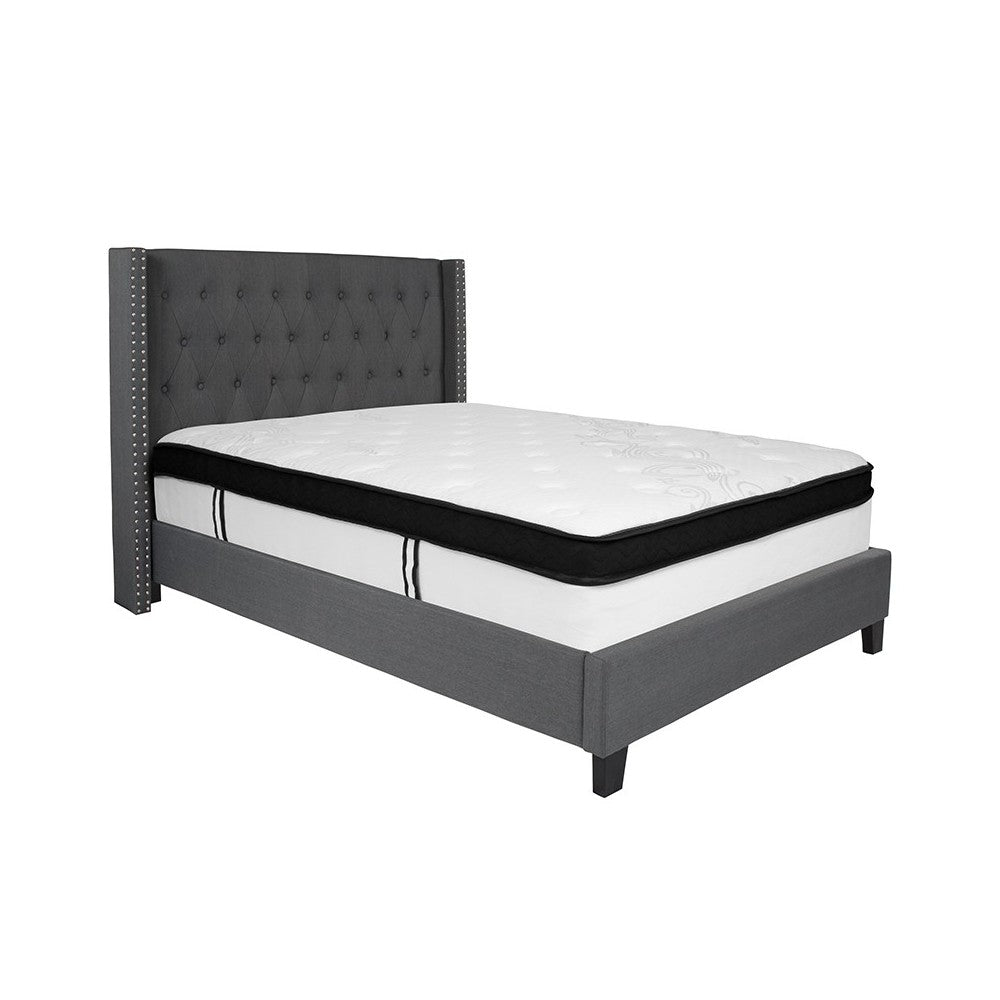 Riverdale Full Size Tufted Upholstered Platform Bed in Dark Gray Fabric with Memory Foam Mattress