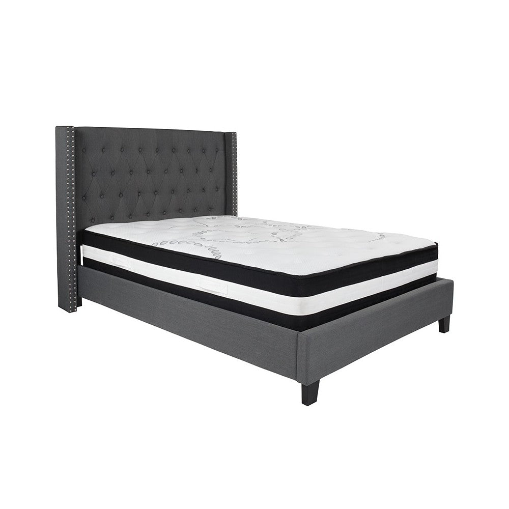 Riverdale Full Size Tufted Upholstered Platform Bed in Dark Gray Fabric with Pocket Spring Mattress
