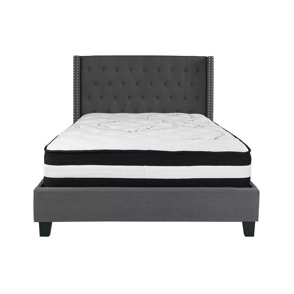 Riverdale Full Size Tufted Upholstered Platform Bed in Dark Gray Fabric with Pocket Spring Mattress