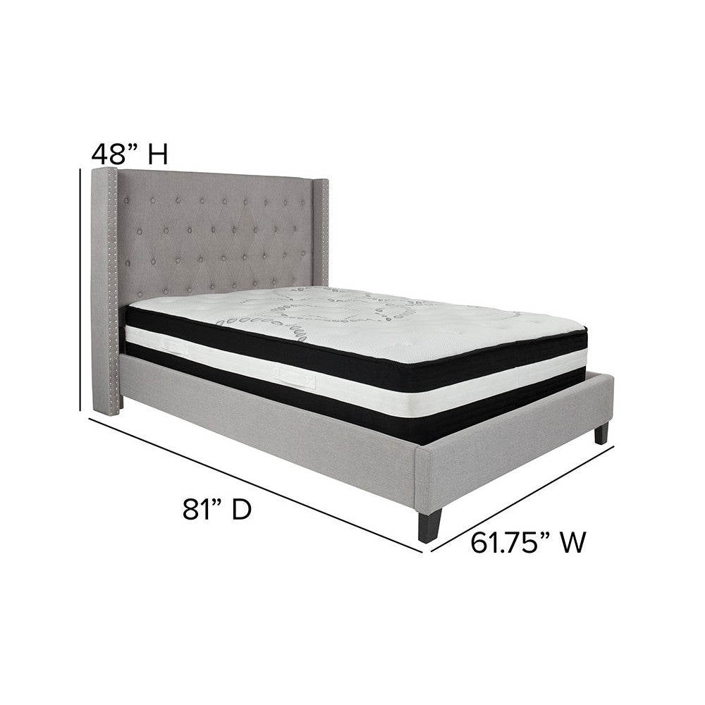 Riverdale Full Size Tufted Upholstered Platform Bed in Light Gray Fabric with Pocket Spring Mattress