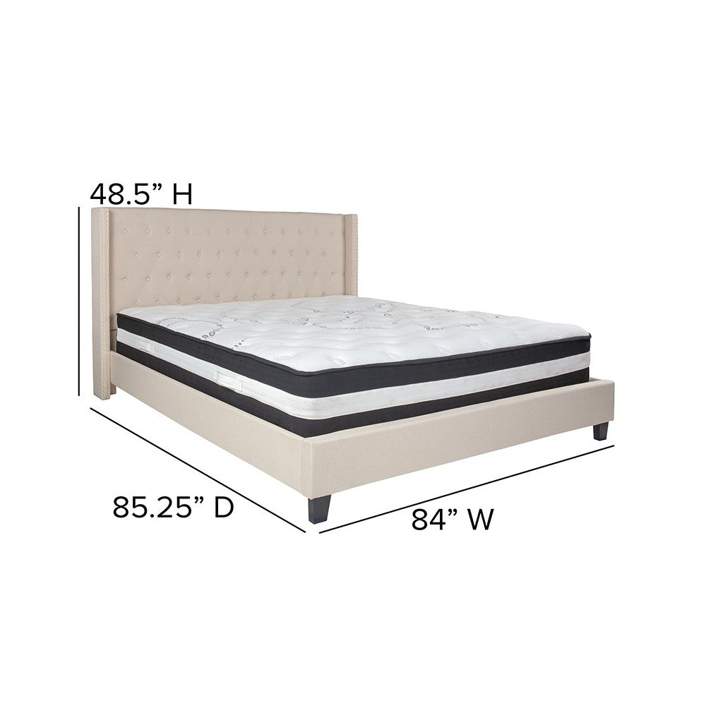 Riverdale King Size Tufted Upholstered Platform Bed in Beige Fabric with Pocket Spring Mattress