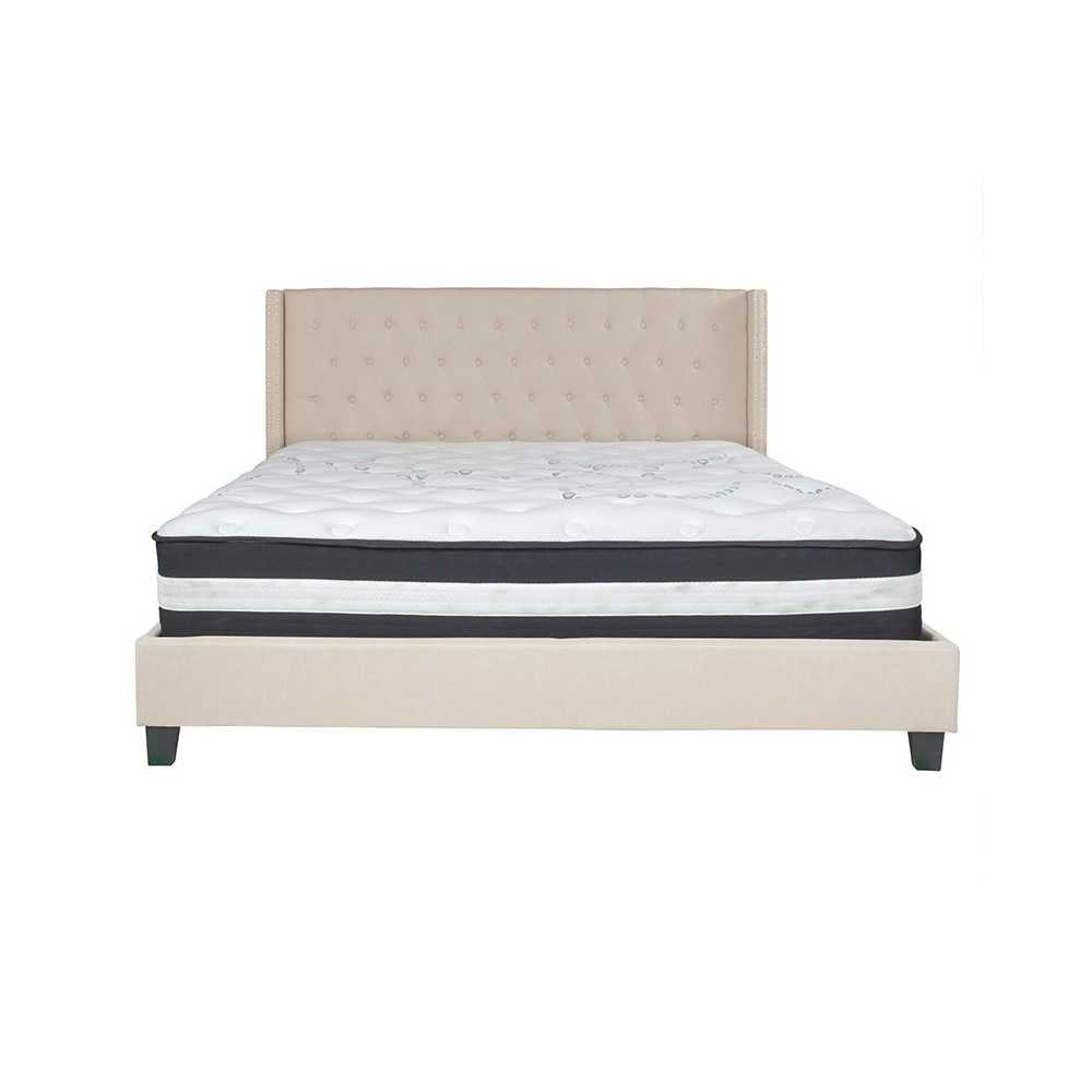 Riverdale King Size Tufted Upholstered Platform Bed in Beige Fabric with Pocket Spring Mattress