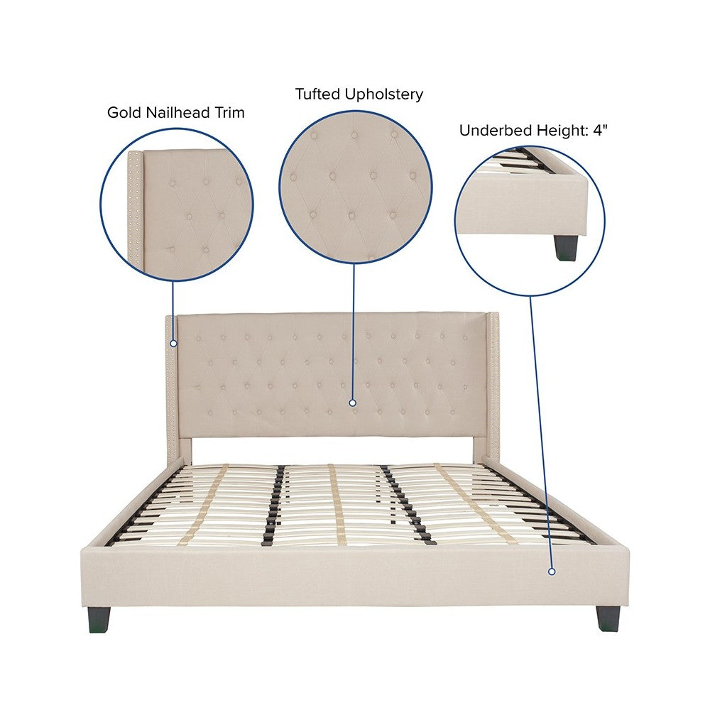 Riverdale King Size Tufted Upholstered Platform Bed in Beige Fabric