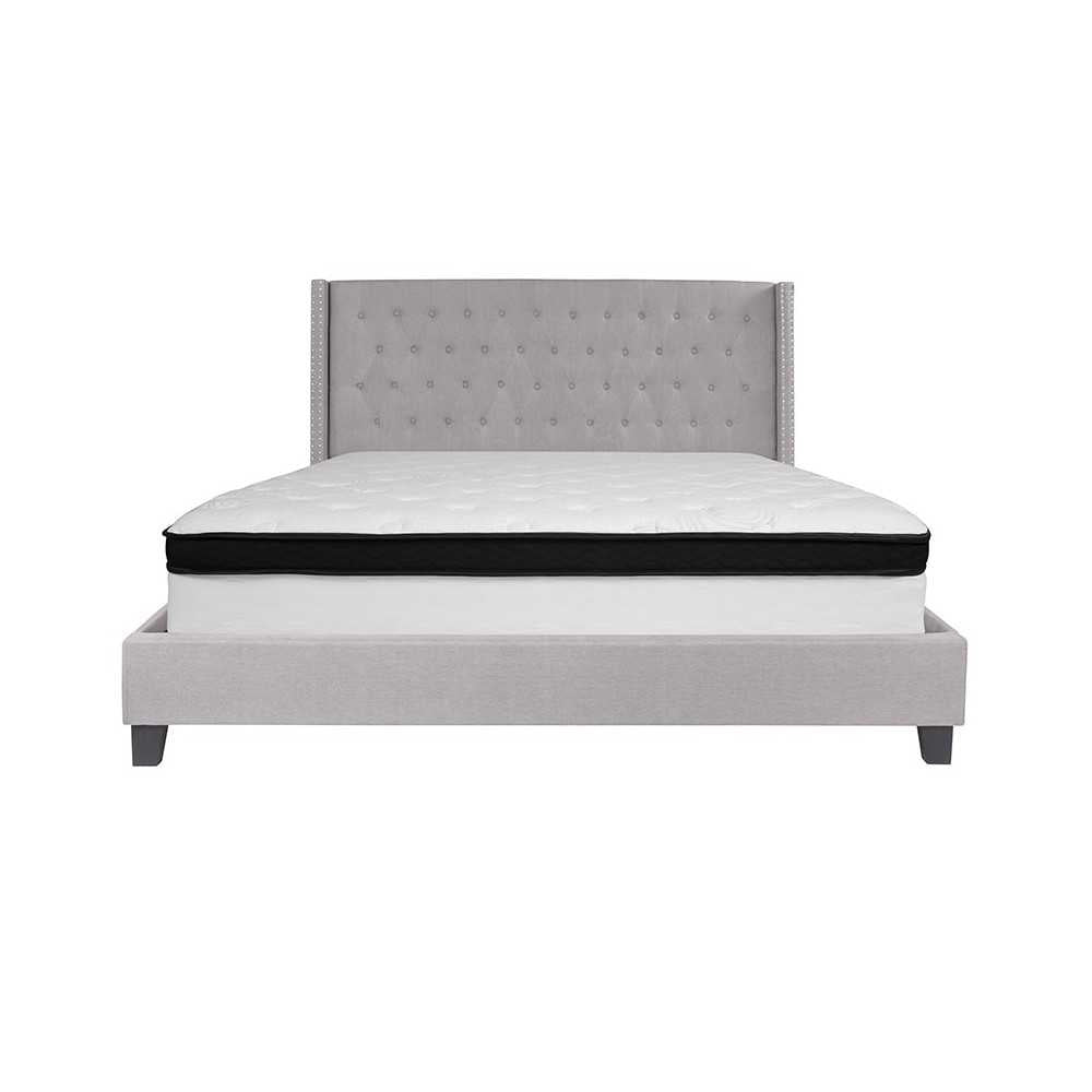 Riverdale King Size Tufted Upholstered Platform Bed in Light Gray Fabric with Memory Foam Mattress