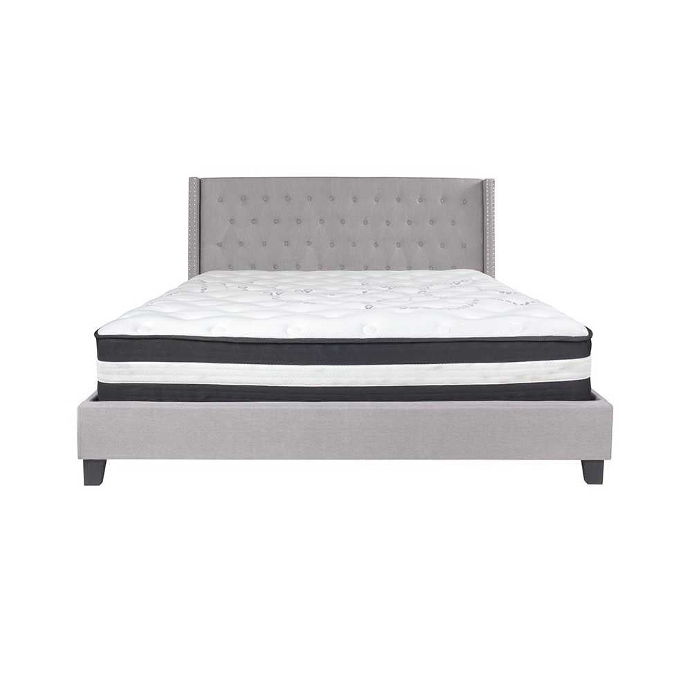 Riverdale King Size Tufted Upholstered Platform Bed in Light Gray Fabric with Pocket Spring Mattress