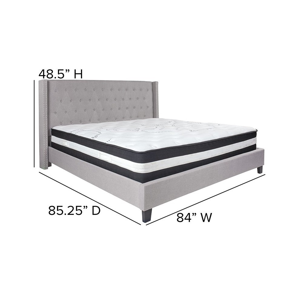 Riverdale King Size Tufted Upholstered Platform Bed in Light Gray Fabric with Pocket Spring Mattress