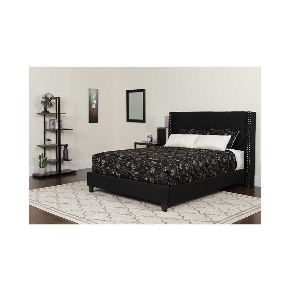 Riverdale Queen Size Tufted Upholstered Platform Bed in Black Fabric with Memory Foam Mattress