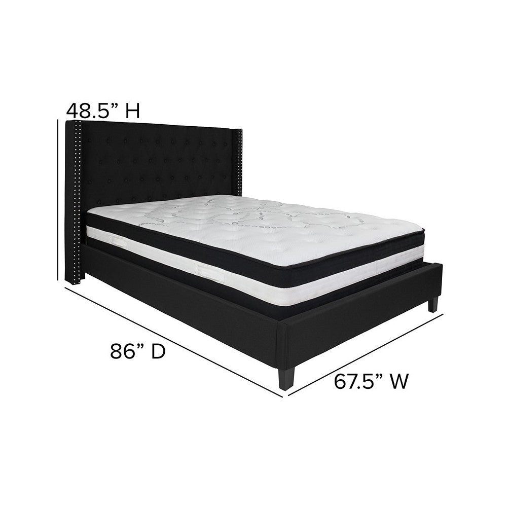 Riverdale Queen Size Tufted Upholstered Platform Bed in Black Fabric with Pocket Spring Mattress