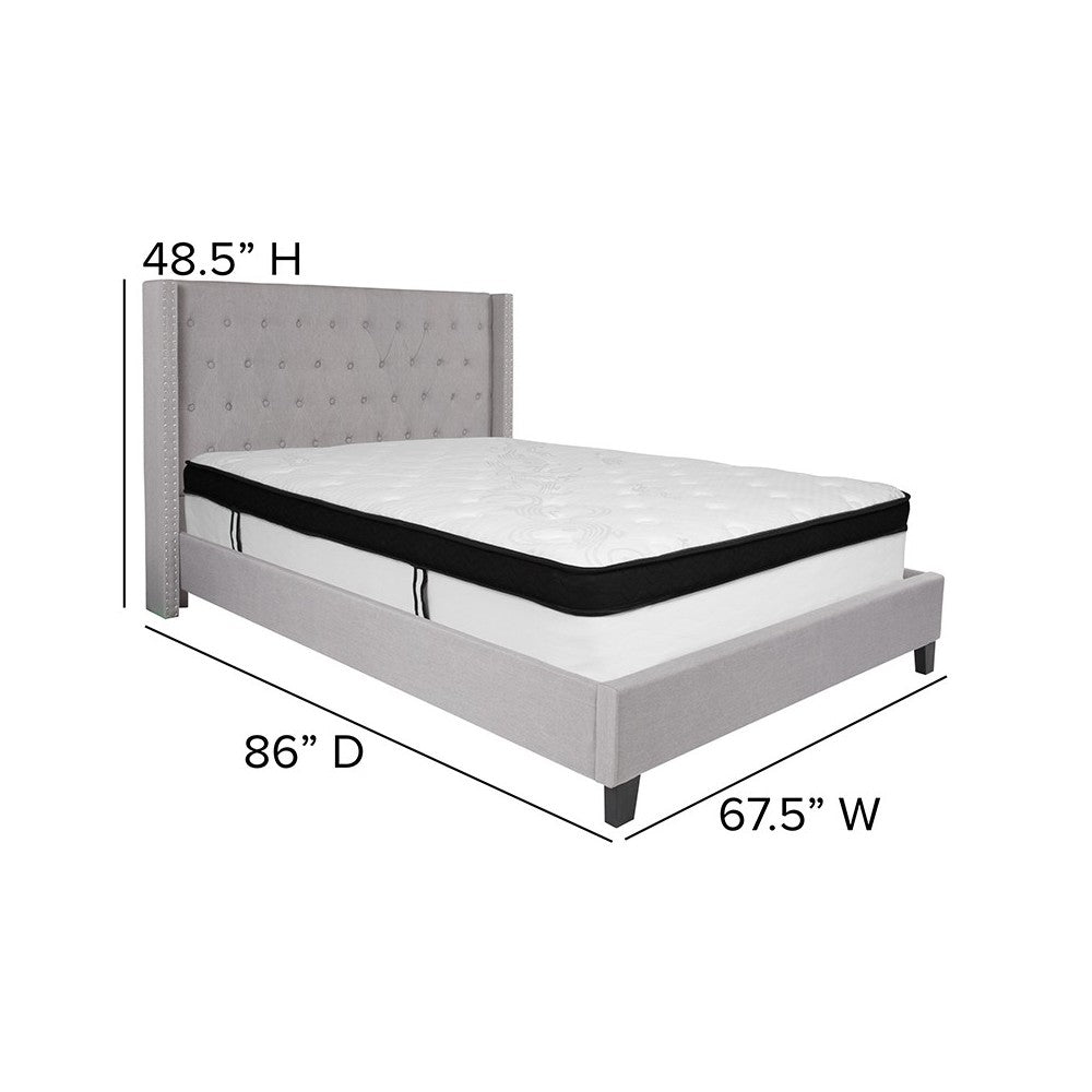 Riverdale Queen Size Tufted Upholstered Platform Bed in Light Gray Fabric with Memory Foam Mattress
