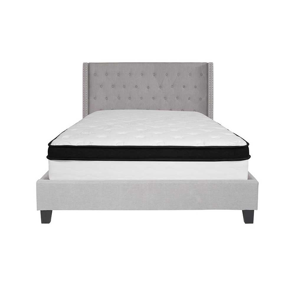 Riverdale Queen Size Tufted Upholstered Platform Bed in Light Gray Fabric with Memory Foam Mattress
