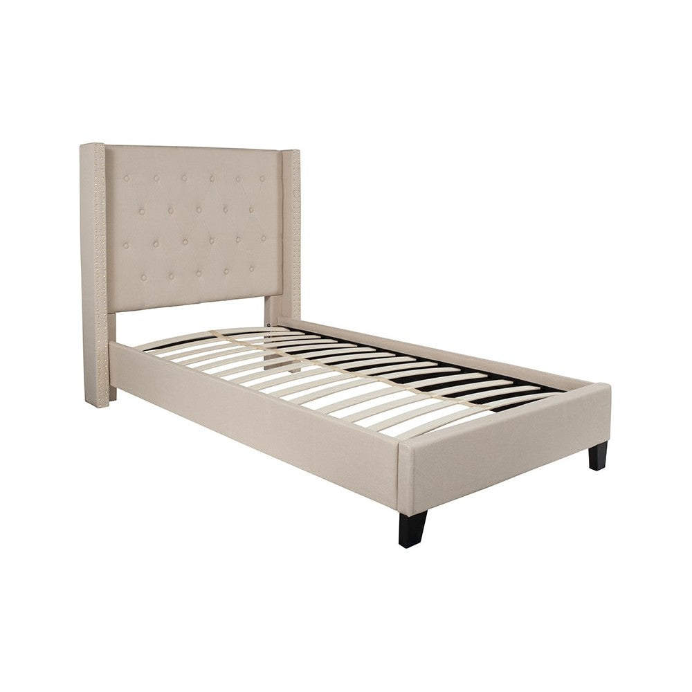 Riverdale Twin Size Tufted Upholstered Platform Bed in Beige Fabric