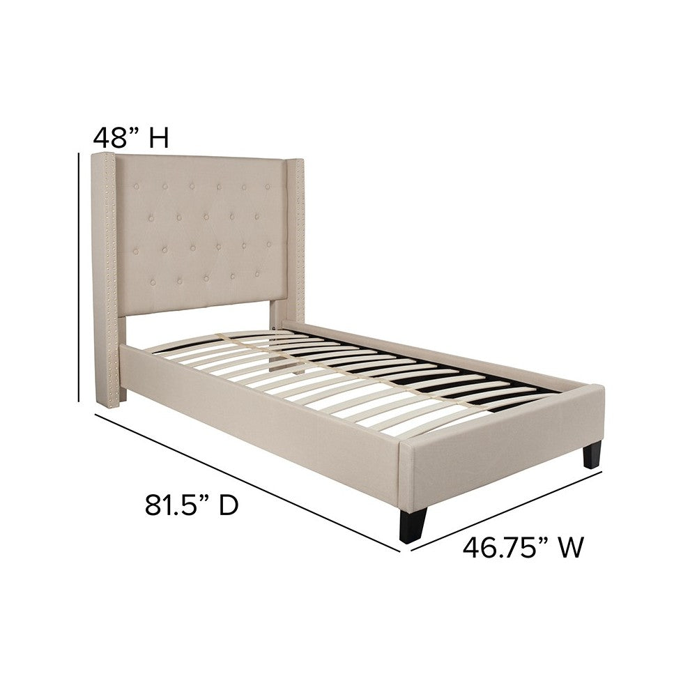 Riverdale Twin Size Tufted Upholstered Platform Bed in Beige Fabric