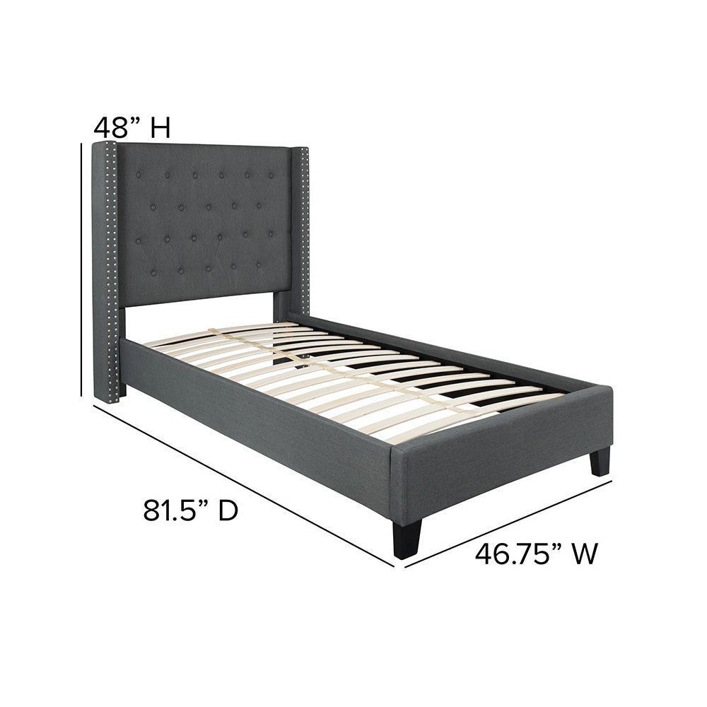 Riverdale Twin Size Tufted Upholstered Platform Bed in Dark Gray Fabric