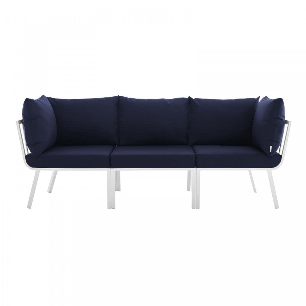 Riverside 3 Piece Outdoor Patio Aluminum Sectional Sofa Set, White Navy