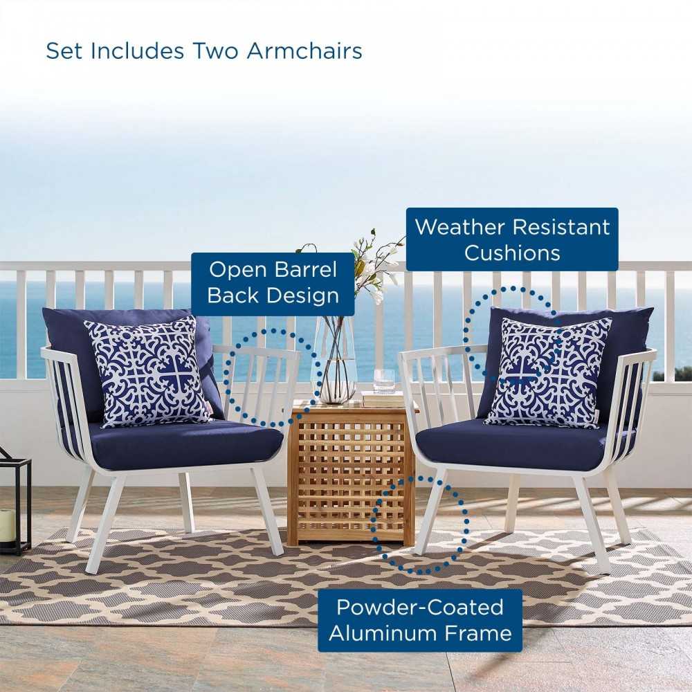 Riverside Outdoor Patio Aluminum Armchair Set of 2, White Navy