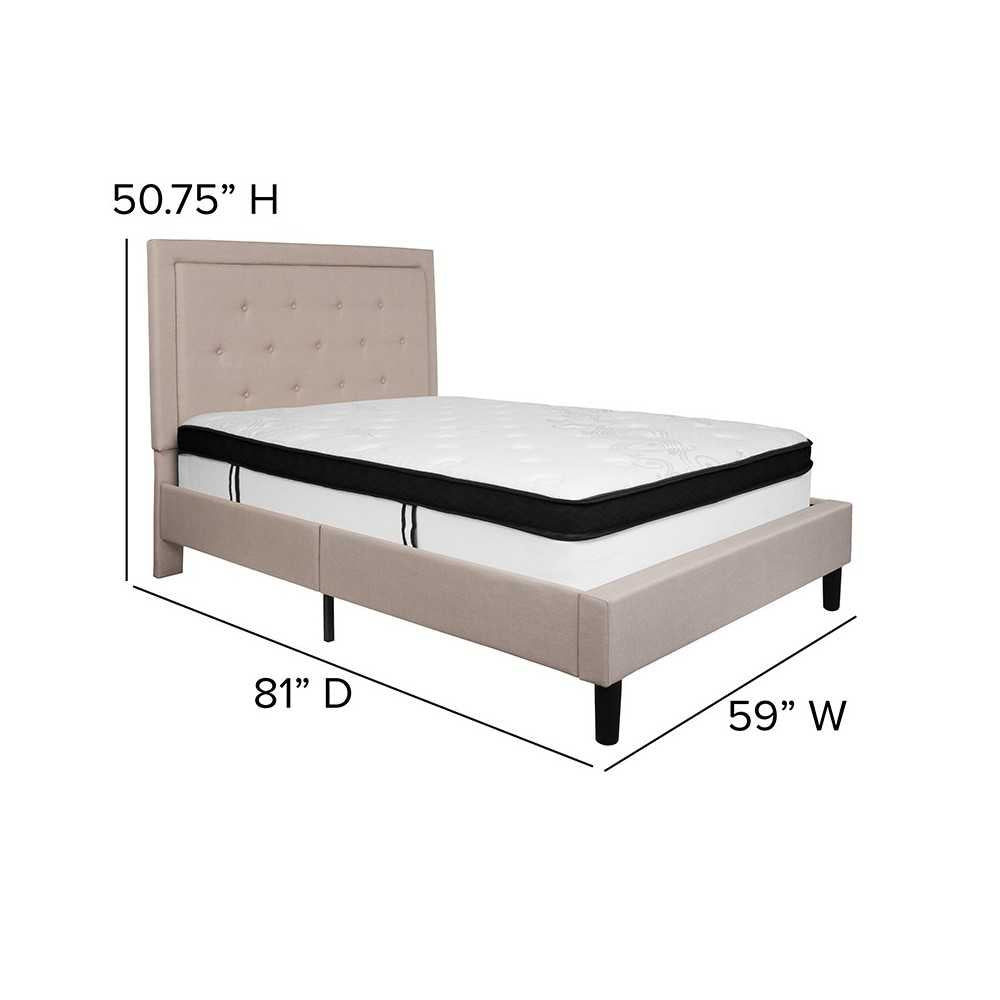 Roxbury Full Size Tufted Upholstered Platform Bed in Beige Fabric with Memory Foam Mattress