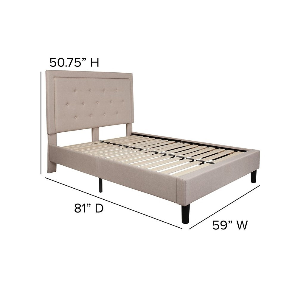 Roxbury Full Size Tufted Upholstered Platform Bed in Beige Fabric