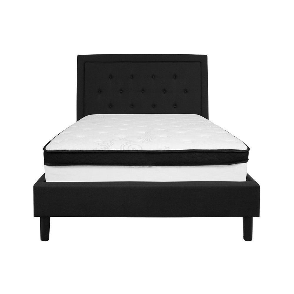 Roxbury Full Size Tufted Upholstered Platform Bed in Black Fabric with Memory Foam Mattress