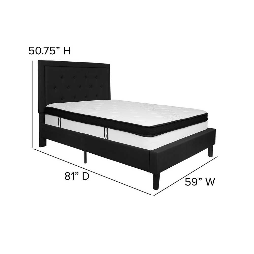 Roxbury Full Size Tufted Upholstered Platform Bed in Black Fabric with Memory Foam Mattress