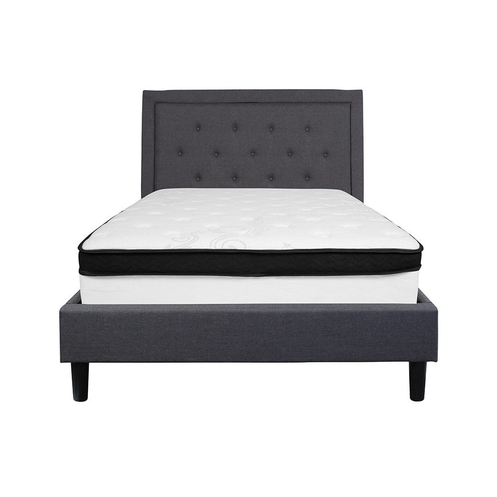 Roxbury Full Size Tufted Upholstered Platform Bed in Dark Gray Fabric with Memory Foam Mattress