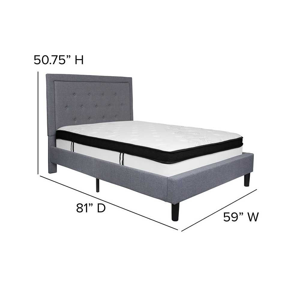 Roxbury Full Size Tufted Upholstered Platform Bed in Light Gray Fabric with Memory Foam Mattress