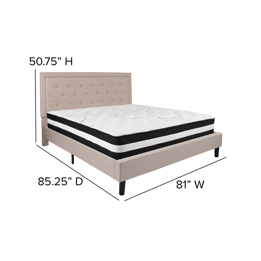 Roxbury King Size Tufted Upholstered Platform Bed in Beige Fabric with Pocket Spring Mattress