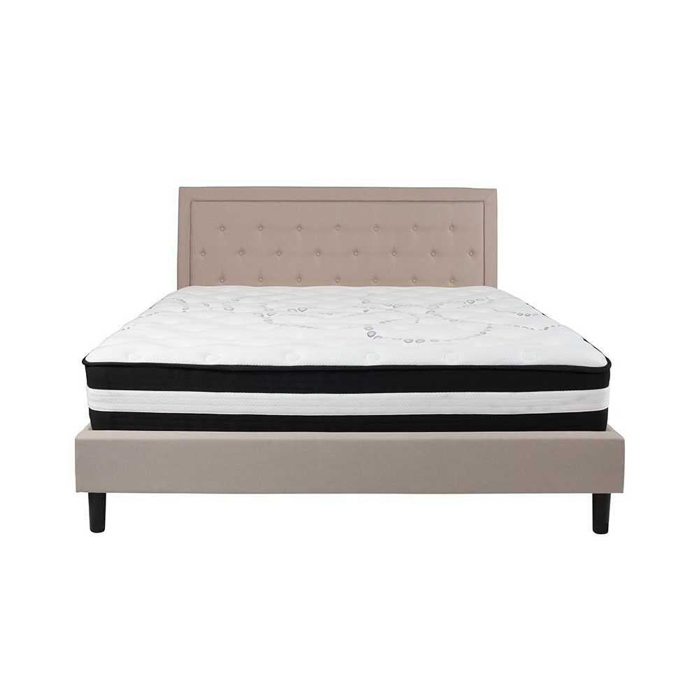 Roxbury King Size Tufted Upholstered Platform Bed in Beige Fabric with Pocket Spring Mattress