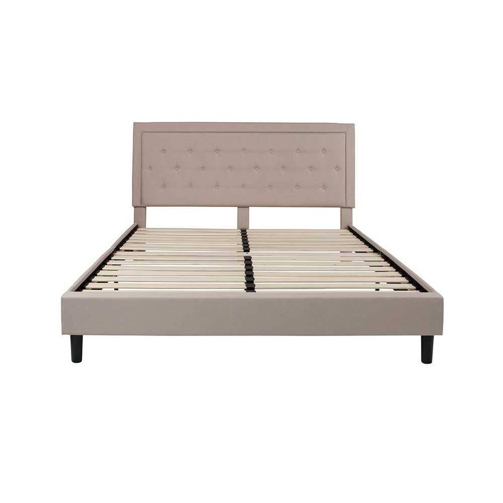 Roxbury King Size Tufted Upholstered Platform Bed in Beige Fabric