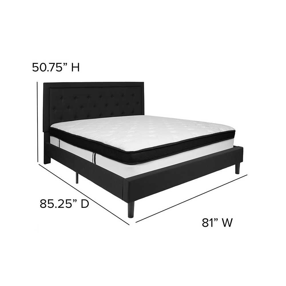 Roxbury King Size Tufted Upholstered Platform Bed in Black Fabric with Memory Foam Mattress