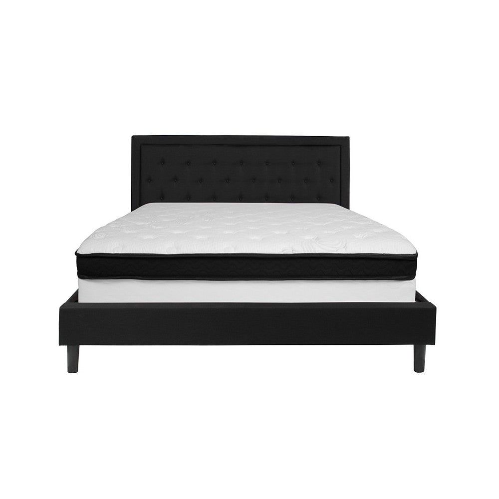 Roxbury King Size Tufted Upholstered Platform Bed in Black Fabric with Memory Foam Mattress